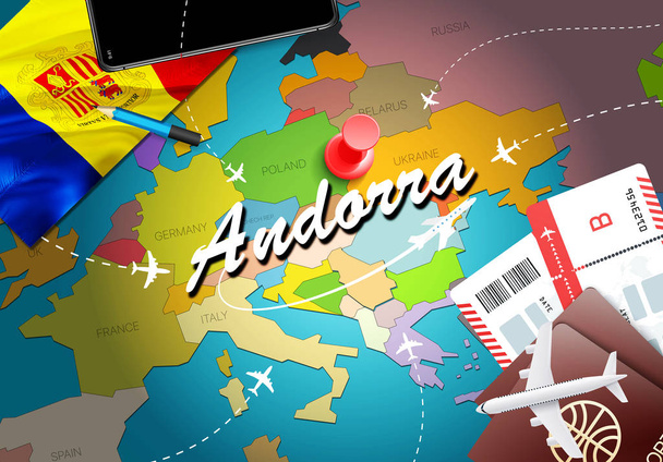 Andorra utazási koncepció megjelenítése háttér repülőgépek, a jegyek. Látogasson el Andorra-utazás és a turizmus rendeltetési koncepció. Andorra zászlaja térképen. Repülőgépek és a járatok Andorrai ünnepek Andorra la Vella, Canill - Fotó, kép