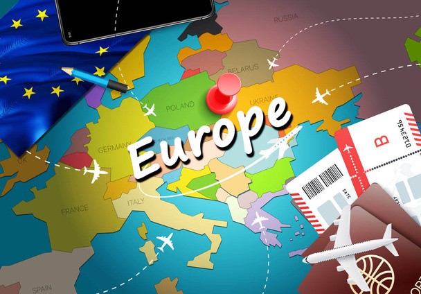 ヨーロッパ旅行は、飛行機、チケットでのマップの背景をコンセプト。ヨーロッパ旅行と観光先のコンセプトをご覧ください。マップ上のヨーロッパのフラグ。飛行機と Berli ロンドンにヨーロッパの休日への航空券 - 写真・画像