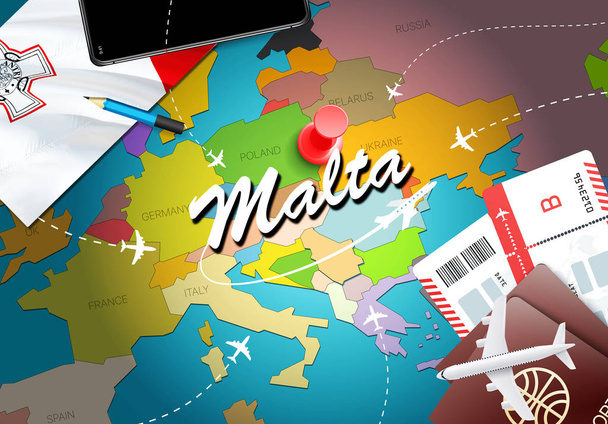 Malta travel concept map background with planes, tickets. Концепция путешествий и туризма Visit Malta. Флаг Мальты на карте. Самолеты и авиарейсы на Мальту праздники в Валлетта, Коттонер
 - Фото, изображение