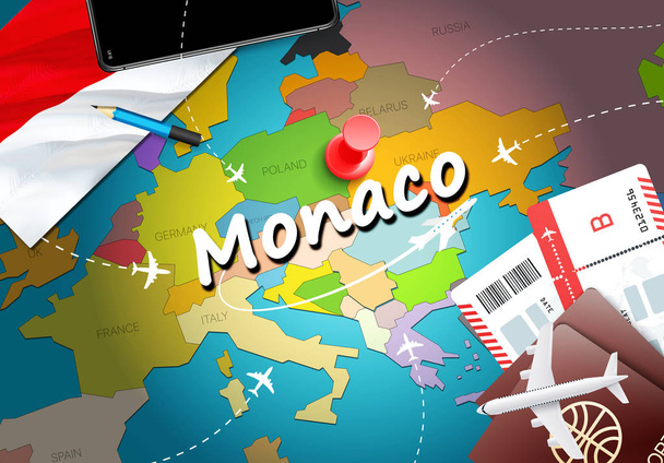 Monako cestování koncept mapy pozadí s letadly, lístky. Navštivte Monako cestování a cestovního ruchu destinace. Monako vlajka na mapě. Letadla a lety do Monacan svátky do Valletty, Cottoner - Fotografie, Obrázek