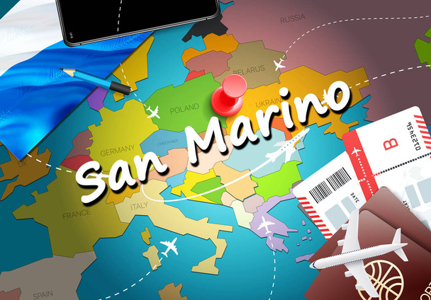 San Marino podróży koncepcja mapa tła z płaszczyznami, bilety. Odwiedź koncepcji docelowego podróży i turystyki San Marino. Flaga San Marino na mapie miasta. Samoloty i loty na wakacje  - Zdjęcie, obraz