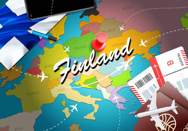 Finnland Reisekonzept Karte Hintergrund mit Flugzeugen, Tickets. besuchen Sie Finnland Reise- und Tourismus-Destinationskonzept. Finnland Flagge auf der Karte. Flugzeuge und Flüge nach Helsinki, Vanta - Foto, Bild
