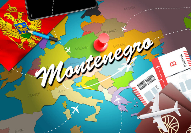 Montenegro utazási koncepció megjelenítése háttér repülőgépek, a jegyek. Látogasson el Montenegro utazási és idegenforgalmi hely fogalmát. Montenegró zászlaja térképen. Repülőgépek és a járatok montenegrói Podgorica, Budv ünnepek - Fotó, kép