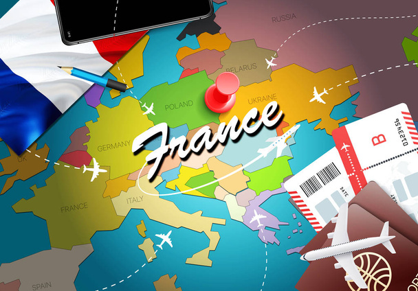 Franciaország utazási koncepció megjelenítése háttér repülőgépek, a jegyek. Látogasson el Franciaország utazási és idegenforgalmi hely fogalmát. Franciaország zászlaja térképen. Repülőgépek és a francia ünnepek járatok Párizsba, Marseill - Fotó, kép