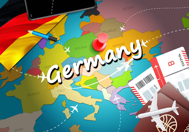 Germany travel concept map background with planes, tickets. Visit Germany travel and tourism destination concept. Germany flag on map. Planes and flights to German holidays to Berlin,Munic - Photo, Image
