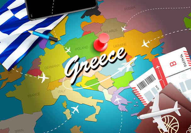 Греція подорожі концепцію карту фону з літаків, квитки. Відвідайте Греція подорожі та туризм призначення концепції. Прапор Греції на карті. Літаків а також польоти до грецького свята в Афіни, Thessalonik - Фото, зображення