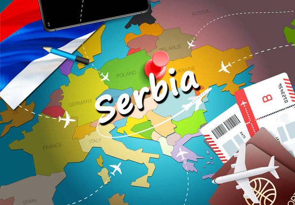 Сербія подорожі концепцію карту фону з літаків, квитки. Відвідайте Сербії подорожі та туризм призначення концепції. Прапор Сербії на карті. Літаків а також польоти до Сербська свята в Белграді, нові Sa - Фото, зображення