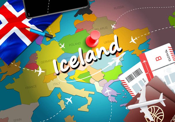 Izland utazási koncepció megjelenítése háttér repülőgépek, a jegyek. Látogasson el az Izlandi utazás és a turizmus rendeltetési koncepció. Izland zászlaja térképen. Repülőgépek és a járatok Izlandi nyaralás Reykjavik, Kopavogu - Fotó, kép