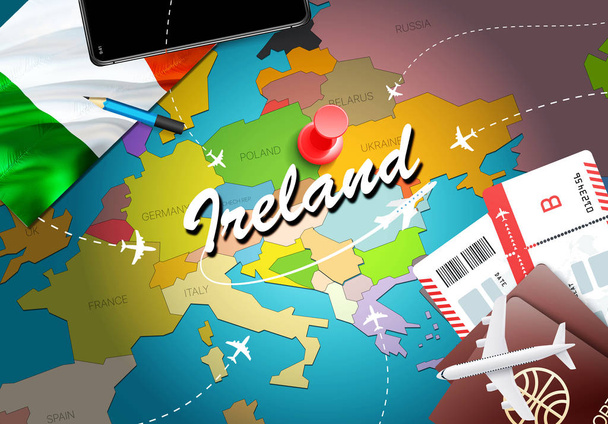 Írország utazási koncepció megjelenítése háttér repülőgépek, a jegyek. Látogasson el a Írország utazás és a turizmus rendeltetési koncepció. Írország zászlaja térképen. Repülőgépek és ír ünnepek járatok Dublin, Belfas - Fotó, kép