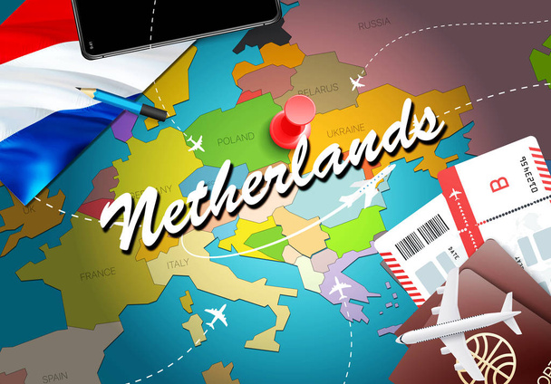 Netherlands travel concept map background with planes,tickets. Visit Netherlands travel and tourism destination concept. Netherlands flag on map. Planes and flights to Holland holidays to Amsterdam,Rotterda - Photo, Image
