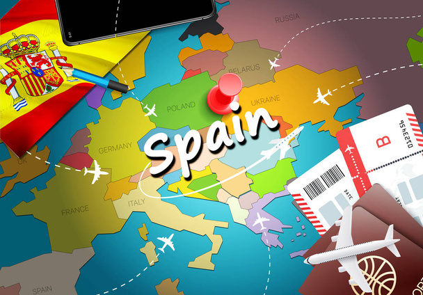 Spain travel concept map background with planes,tickets. Visit Spain travel and tourism destination concept. Spain flag on map. Planes and flights to Spanish holidays to Madrid,Valenci - Photo, Image