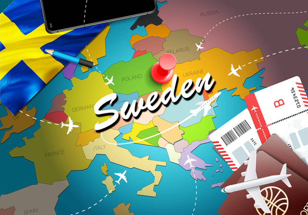 Швеция концепт-карта путешествия фон с самолетами, билеты. Концепция путешествий и туризма Visit Sweden. Флаг Швеции на карте. Самолеты и авиабилеты на праздники Швеции в Стокгольм, Мальм
 - Фото, изображение