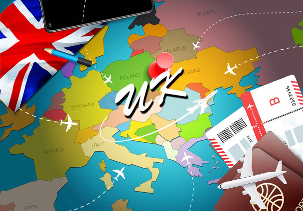Великобританія подорожі концепцію карту фону з літаків, квитки. Відвідайте Великобританії подорожі та туризм призначення концепції. Великобританії прапор на карті. Літаків а також польоти до Британії свята до Лондона, Glasgo - Фото, зображення