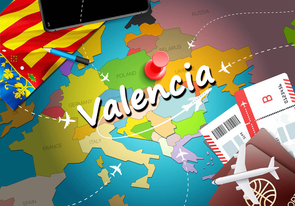 Valencia utazási koncepció megjelenítése háttér repülőgépek, a jegyek. Látogasson el a Valencia utazás és a turizmus rendeltetési koncepció. Vörös zászló a térképen. Repülőgépek és a járatok Spanyolország nyaralás Alicante, Elch - Fotó, kép
