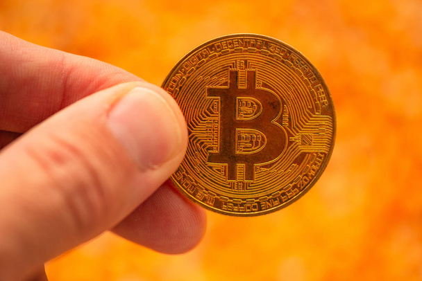 Bitcoin in mano sopra mucchio chicchi di mais, immagine concettuale per criptovaluta attività commerciale correlata con il commercio di materie prime nel settore agricolo
 - Foto, immagini