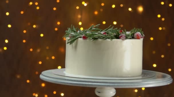 Panorama of cake with rosemary and sugar cranberries - Filmati, video