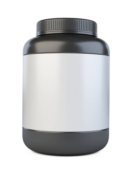 Black protein jar - template front view. Food for sport. Isolated on a white background 3d illustration. - 写真・画像