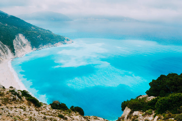Azure water of Myrtos Beach, Kefalonia Island. Best beaches in the world and the Mediterranean, Ionian Sea - 写真・画像