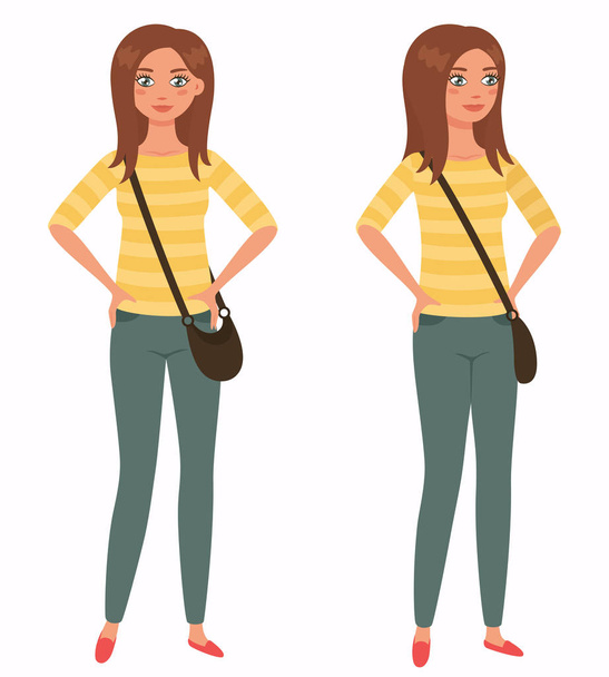 Young pretty girl. Front, 3 4 view. Cartoon style, vector illustration. - Vector, Image