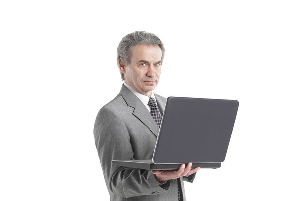 close up.adult businessman looking at laptop screen.isolated on white background - Foto, Imagen