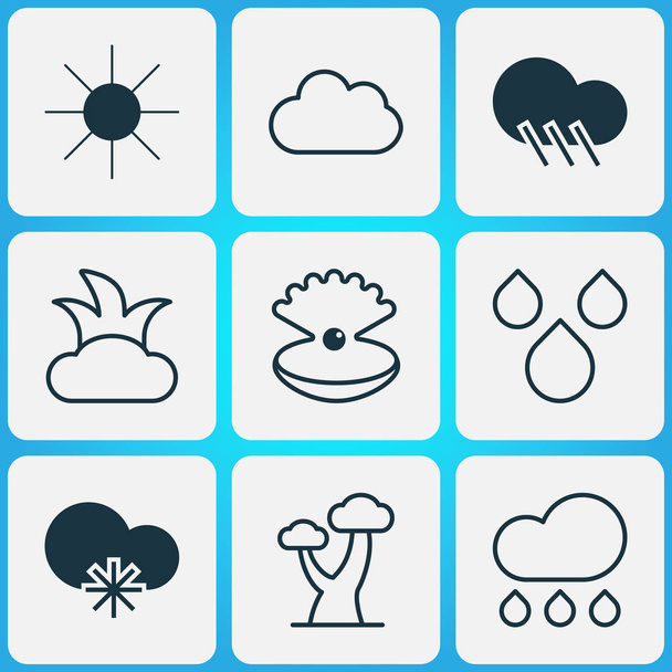 Ecology icons set with rain, big tree, sun and other rain elements. Isolated vector illustration ecology icons. - Vector, Imagen