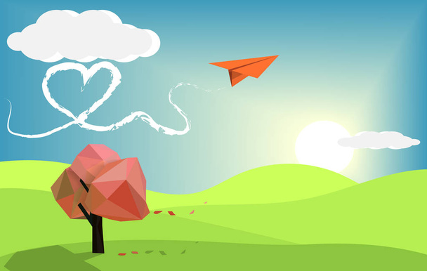 Paper plane flying above green landscape with tree and sunset and cloudy blue sky background, spring season wonderland concept,tree low poly design,vector art and illustration,and smoke heart shape, - Vector, Image