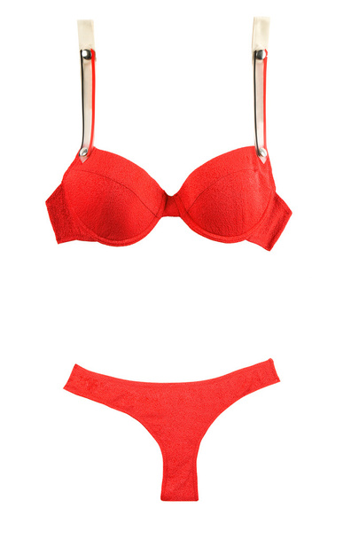 Bikini rosso strutturato con cinghie di gomma
 - Foto, immagini