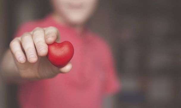 Boy holding red heart shape in his hand - Zdjęcie, obraz