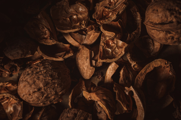 top view of walnut husk as background - Fotoğraf, Görsel