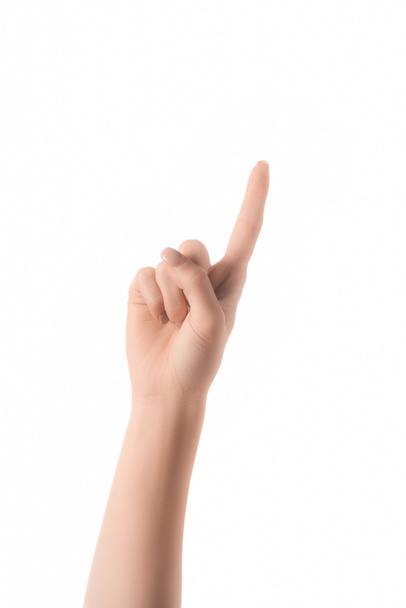 cropped view of woman showing number 1 in sign language isolated on white - Foto, afbeelding