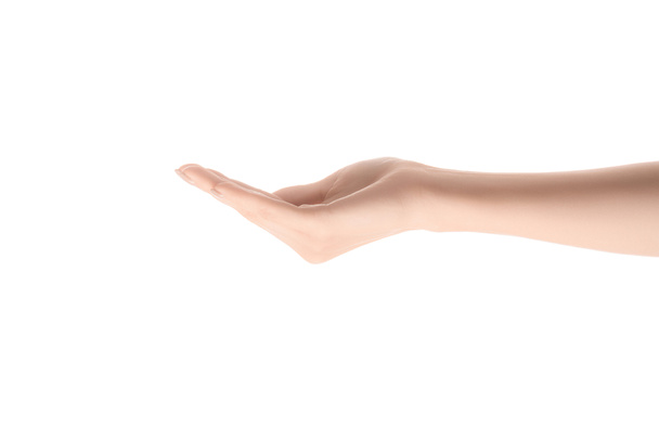 partial view of woman with empty hand asking for something isolated on white - Photo, Image
