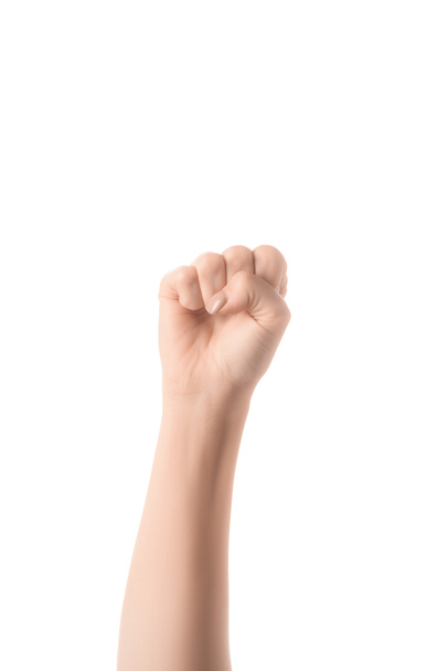 częściowy widok kobieta pokazując tak znak w języku osób niesłyszących i niemych, na białym tle - Zdjęcie, obraz