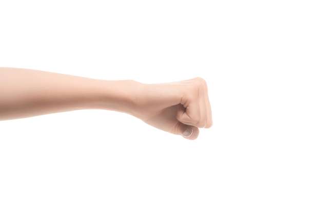vista recortada de la mano de la mujer que muestra sí signo en lenguaje sordo y mudo aislado en blanco
 - Foto, Imagen