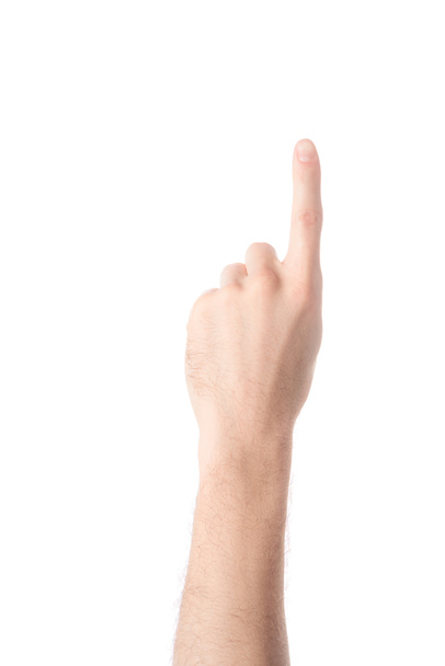 vista recortada de la mano del hombre que muestra el número 1 en lenguaje de señas aislado en blanco
 - Foto, Imagen