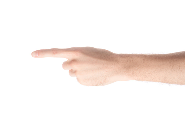 cropped view of man pointing left with finger isolated on white - Photo, Image
