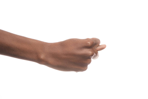 partial view of african american man showing letter T in deaf and dumb language isolated on white - Foto, afbeelding