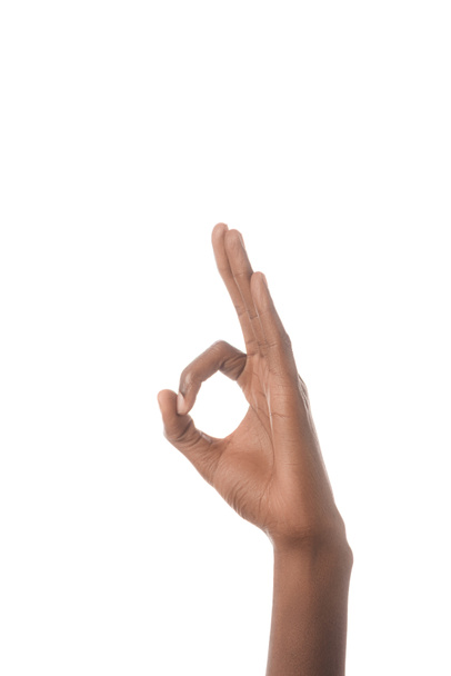 cropped view of african american man showing ok sign isolated on white - Фото, изображение