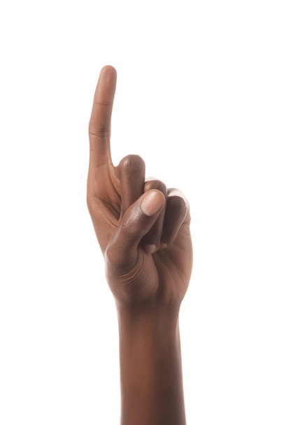 vista recortada del hombre afroamericano mostrando el número 1 en lenguaje de señas aislado en blanco
 - Foto, Imagen