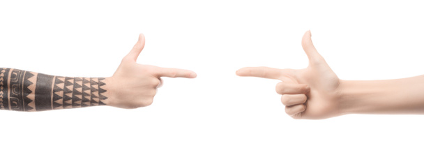 cropped view of men pointing with fingers at each other isolated on white - Photo, Image