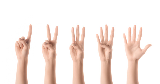 collage de mujer mostrando números con las manos aisladas en blanco
 - Foto, Imagen