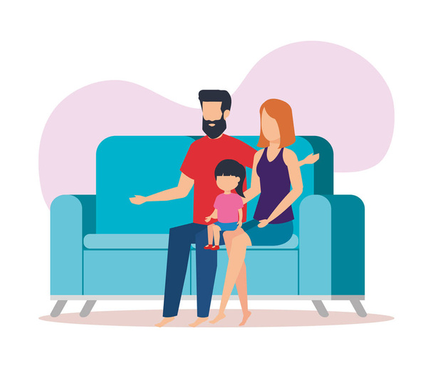 padres pareja con hija en el sofá
 - Vector, Imagen
