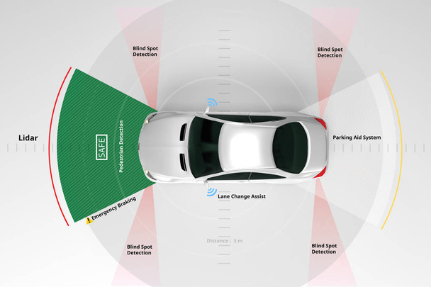 Autonome zelf rijden elektrische auto weergegeven: Lidar en veiligheid sensoren, 3D-rendering gebruiken. - Foto, afbeelding