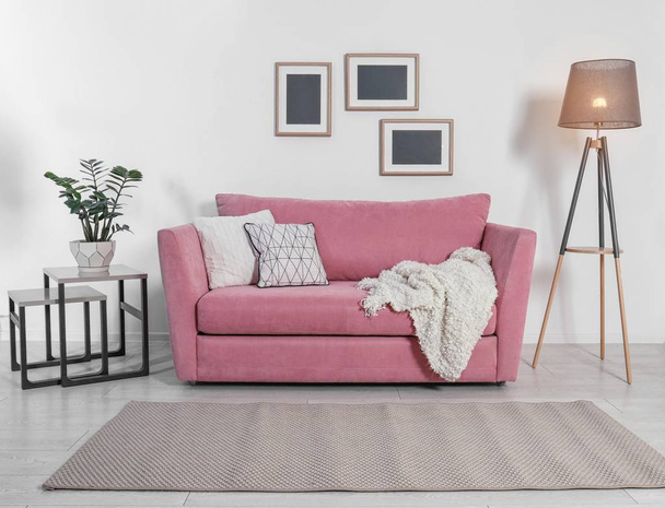 Comfortable sofa with pillows in modern living room interior - Fotoğraf, Görsel