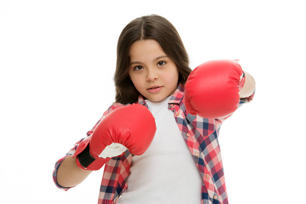 Girl boxing gloves ready to fight. Kid strong and independent girl. Feel strong and independent. Girls power concept. Upbringing confidence and strong character. Female rights and liberties - Φωτογραφία, εικόνα