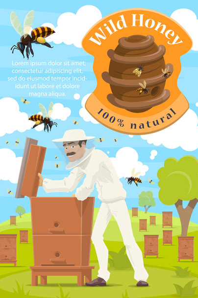 Μελισσοκομία και μελισσοκόμος στο μελισσοκομείο μέλι - Διάνυσμα, εικόνα