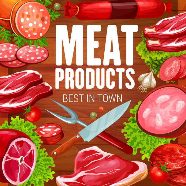 Κρέας και λουκάνικα παντοπωλείο προϊόντα κρεοπωλείο - Διάνυσμα, εικόνα