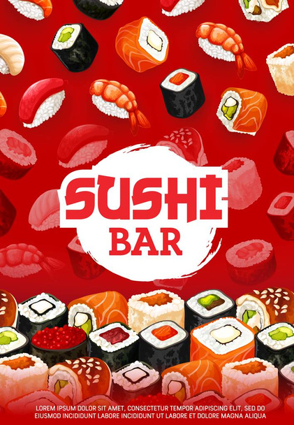 Bár-ételekkel, unagi maki és sashimi sushi tekercs - Vektor, kép