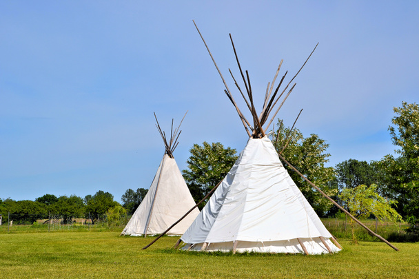 牧草地でインディアンのテント - 写真・画像