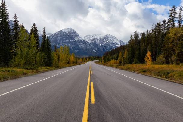 Beautiful view of a scenic road in the Canadian Rockies during Fall Season. Taken in Icefields Pkwy, Jasper, Alberta, Canada. - Photo, image