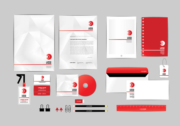 rojo y blanco con plantilla de identidad corporativa triangular para su negocio incluye cubierta de CD, tarjeta de visita, carpeta, regla, sobres y diseños de cabeza de carta E
 - Vector, Imagen